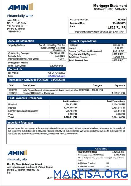 Downloadable Iran Amin Investment Bank mortgage statement Word and PDF template
